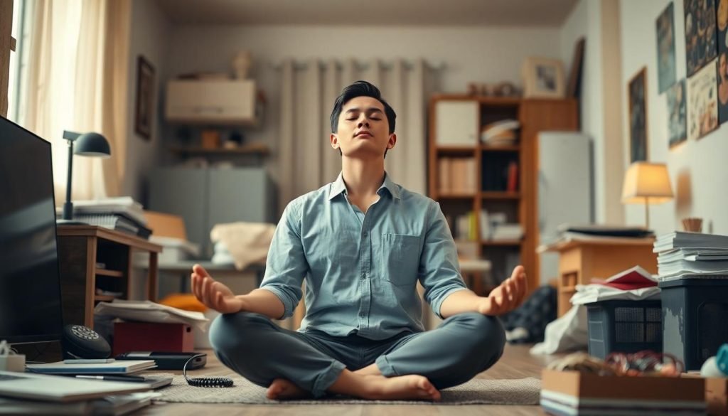 Por que integrar a meditação na rotina agitada - homem sentado meditando