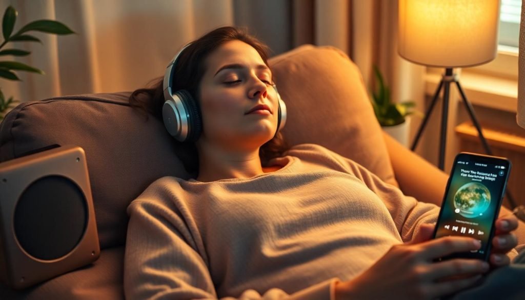 ouvindo música de meditação 
